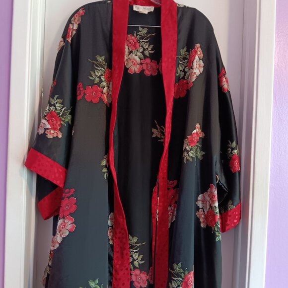 VAL MODE VINTAGE SIZE LARGE BLACK RED FLORAL KIMONO ROBE LONG - Picture 1 of 8